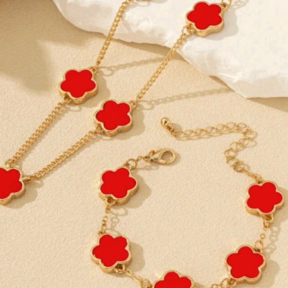 NEW HOT PINK 🌺 Miniature CLOVER 18K GOLD FILLED NECKLACE & BRACELET Set